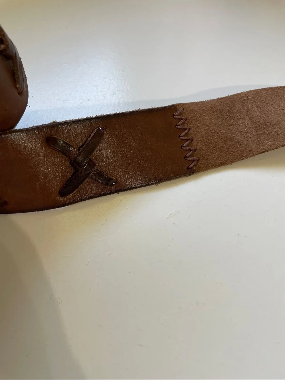Boho Western Leather Ring Belt Zigzag Stitch Brown Medium Buckle Southwestern